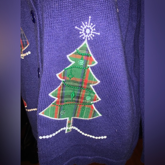 Vintage Festive Blue Knit Sweater Embroidered Sequins Plaid Trees Snowflakes XL - Picture 12 of 12